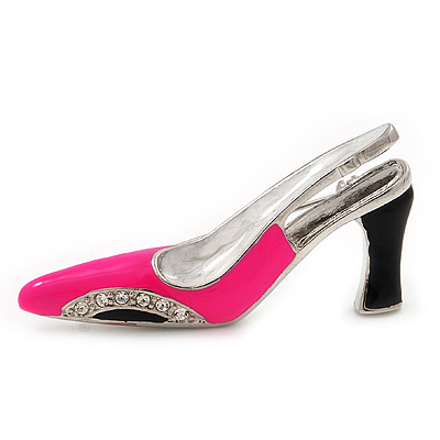 Bright Pink/Black Diamante Enamel 'Shoe' Brooch In Silver Plated Metal - 5cm Width