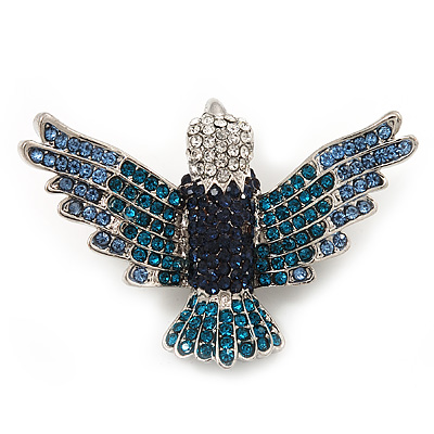 Blue Swarovski Crystal 'Flying Bird' Brooch In Rhodium Plated Metal - 5cm Length