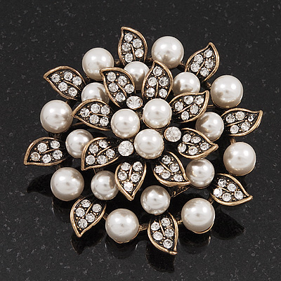 Bridal White Faux Pearl Floral Brooch In Antique Gold Plating - 5.5cm Diameter
