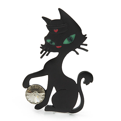 Black Matte 'Kitty With Green Eyes' Brooch - 5.5cm Length
