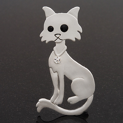 White Matte Enamel 'Cat' Brooch In Silver Tone Metal - 7cm Length