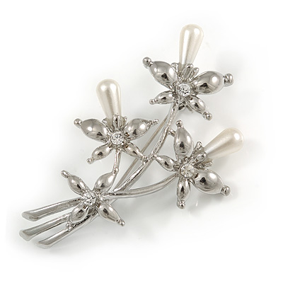 Fancy Faux Pearl Floral Brooch In Silver Tone Metal - 6.5cm Length