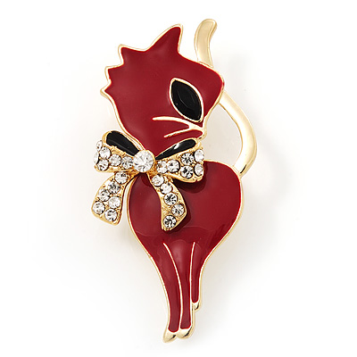 Red Enamel Kitty With Crystal Bow In Gold Plated Metal Brooch - 5.5cm Length - main view
