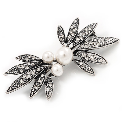 Burn Silver Faux Pearl Diamante Floral Brooch - 7cm Length