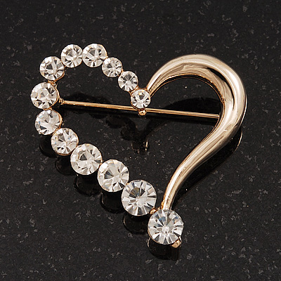 Gold Plated Open Crystal 'Heart' Brooch - 4cm Length