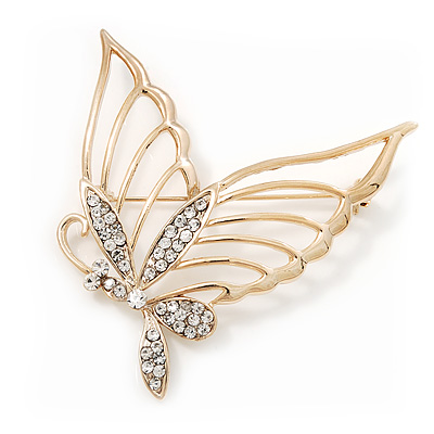 Gold Plated Diamante Open 'Butterfly' Brooch - 6.5cm Length
