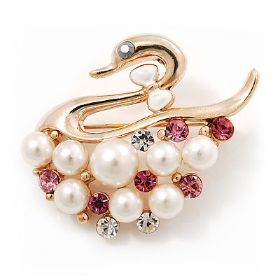 White Faux Pearl 'Swan' Brooch In Gold Plated Metal - 4cm Length - main view