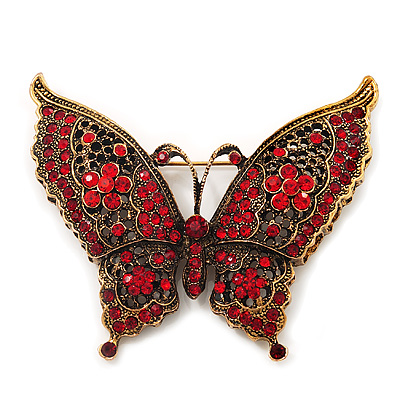 Large Red Crystal 'Butterfly' Brooch In Burn Gold Finish - 7.5cm Length - main view