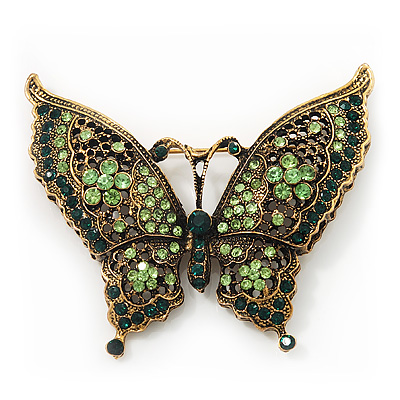 Large Emerald/Grass Green Crystal 'Butterfly' Brooch In Burn Gold Finish - 7.5cm Length