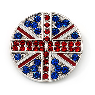 Union Jack Round Silver Plated Crystal Brooch - 4cm Diameter