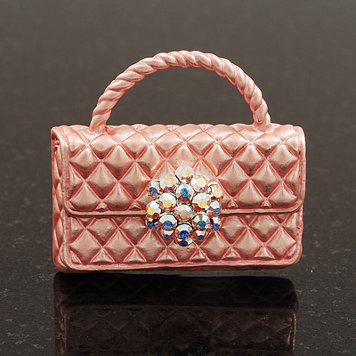 Stylish AB Crystal Pale Pink Enamel Bag Brooch In Silver Plating - 3cm Length
