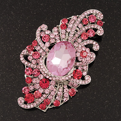 Large Victorian Style Pink/Fuchsia Crystal Brooch In Silver Plating - 10cm Length - main view