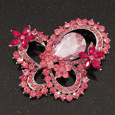 Large Pink Crystal 'Butterfly' Brooch In Rhodium Plating - 8cm Length