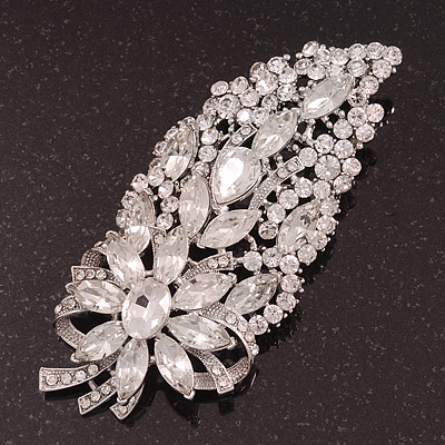 Oversized Clear Glass Floral Corsage Brooch In Silver Plating - 11.5cm Length