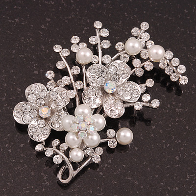 Bridal White Simulated Pearl & Clear Crystal Floral Brooch In Silver Plating - 6.5cm Length
