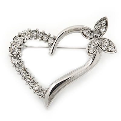 Open Diamante Heart&Butterfly Brooch In Rhodium Plated Metal - 4cm Length - main view