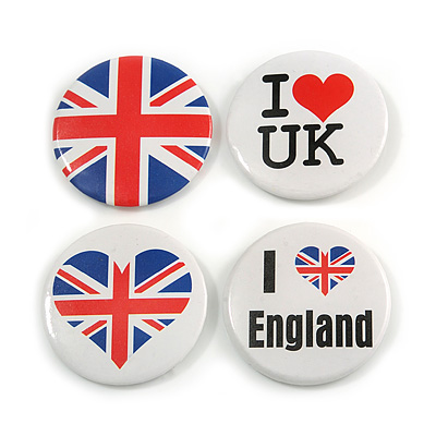 4pcs 'I Heart Love England' Lapel Pin Button Badge - 4.5cm Diameter