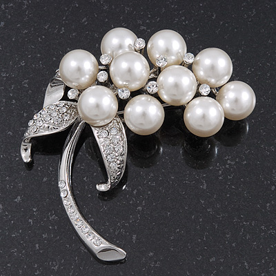 Large 'Grapes' Simulated Pearl/Diamante Brooch In Silver Metal - 6cm Length