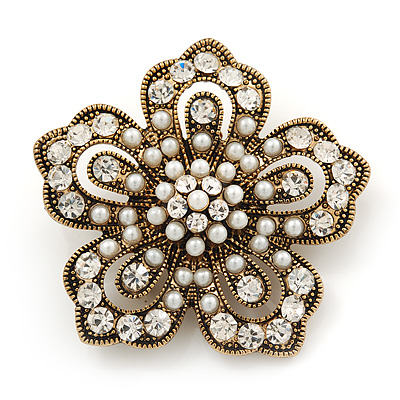 Vintage Filigree Simulated Pearl/ Diamante 'Flower' Brooch In Antique Gold Metal - 5cm Diameter