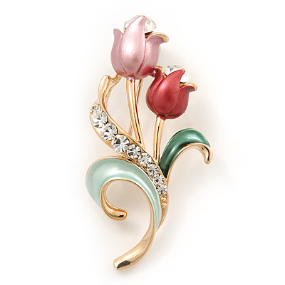 Pink Enamel Diamante 'Tulip' Brooch In Gold Finish - 5cm Length - main view