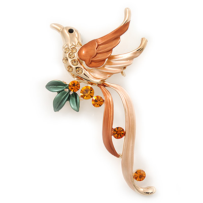 Exotic Orange/Peach Diamante 'Bird' Brooch In Gold Finish - 6.5cm Length