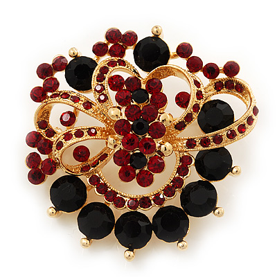 Burgundy Red & Jet-Black Diamante Corsage Brooch In Gold Plating - 5cm Diameter