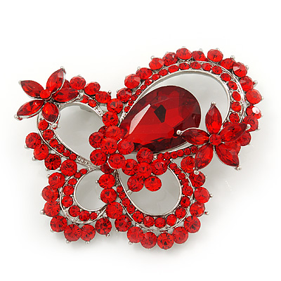Large Red Crystal 'Butterfly' Brooch In Rhodium Plating - 8cm Length