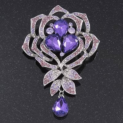 Stunning Purple CZ Floral Dimensional Corsage Brooch In Silver Plating - 10cm Length