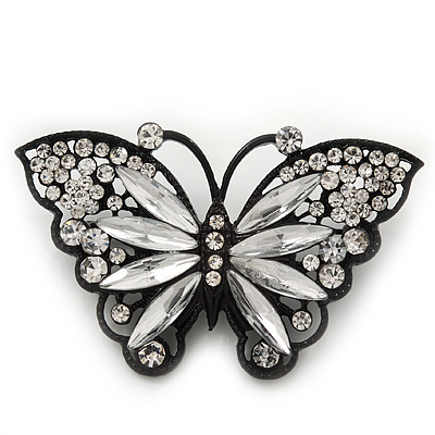 Sparkling Diamante 'Butterfly' Brooch In Gun Metal - 5.5cm Length