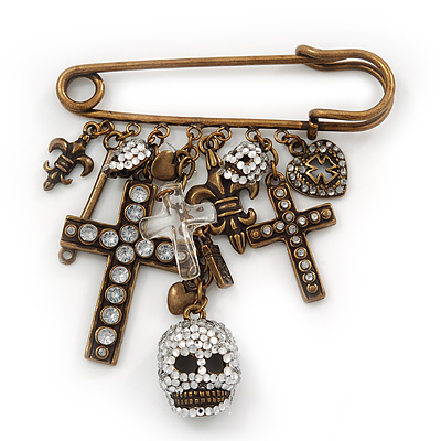 'Crosses, Hearts & Skulls' Charm Safety Pin Brooch In Bronze Finish Metal - - main view