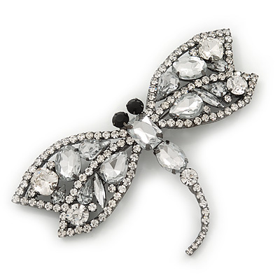 Gigantic Clear Glass Crystal 'Dragonfly' Brooch In Gun Metal - 11cm Length - main view