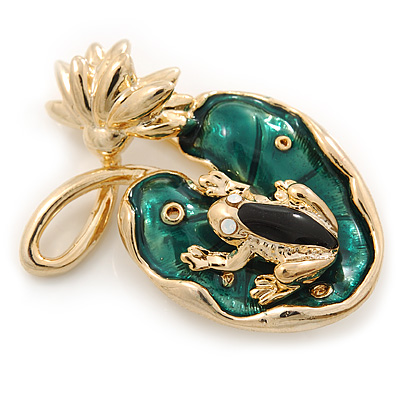 Small 'Frog On The Lotus Leaf' Brooch In Gold Plated Metal - 4.5cm Length - main view