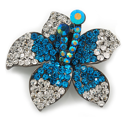 Stunning Teal Blue/Clear Diamante Flower Brooch In Gun Metal Finish - 5cm Diameter