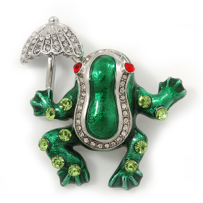 Funky Green Enamel Frog With Crystal Umbrella Brooch In Silver Plating - 5cm Length