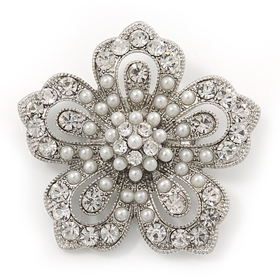 Filigree Pear/Diamante 'Flower' Brooch In Silver Plating - 5cm Diameter - main view