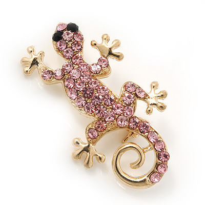 Small Light Pink Crystal 'Lizard' Brooch In Gold Plating - 3.5cm Length