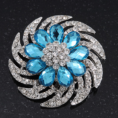 Light Blue/Clear Diamante Flower Scarf Pin Brooch In Silver Plating - 5.5cm Diameter