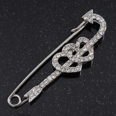 Swarovski Crystal 'Double Heart' Safety Pin Brooch In Rhodium Plating - 7.5cm Length - main view