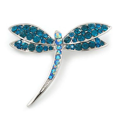Crystal Dragonfly Brooch In Silver Tone/ Teal Blue/ 65mm Long