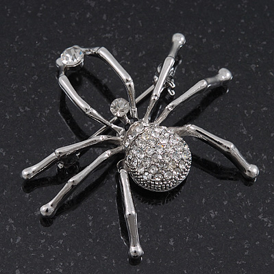 Ice Clear 'Spider' Brooch In Rhodium Plating - 4.5cm Length