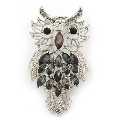 Oversized Rhodium Plated Filigree Dim Grey Crystal 'Owl' Brooch - 7.5cm Length