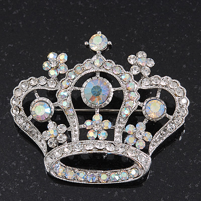 Clear & AB Crystal 'Queenie' Crown Brooch In Rhodium Plated Metal - 5cm Length