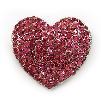 Pink Swarovski Crystal Pave Set 'Heart' Brooch In Silver Plating - 3.5cm Length