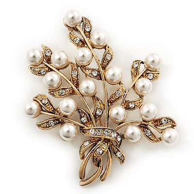 White Simulated Pearl/ Clear Crystal Floral Brooch In Gold Plating - 6cm Length
