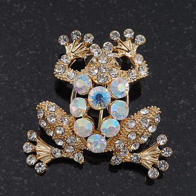 Clear/AB Crystal 'Frog' Brooch In Gold Plating - 3.5cm Length
