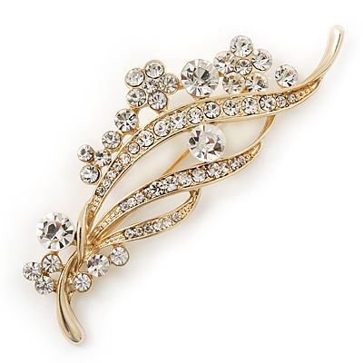 Clear Crystal 'Floral' Bridal Brooch In Gold Plating - 8cm Length