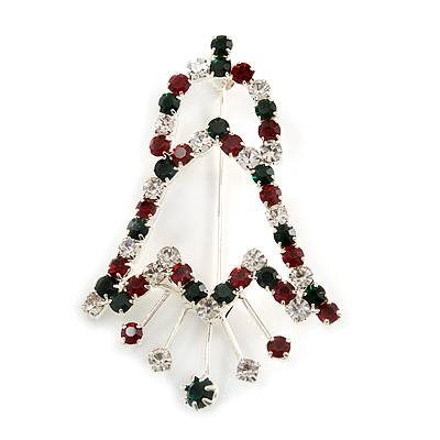 Red/Green/White Christmas Crystal Jingle Bell Brooch In Silver Plating - 5.5cm Length
