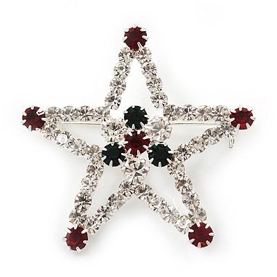 Red/Green/White Crystal 'Christmas Star' Brooch In Silver Plating - 4.5cm Length
