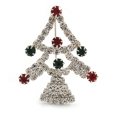 Green/Red/White Crystal 'Christmas Tree' Brooch In Silver Plating - 4.5cm Length