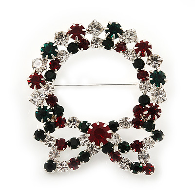 Red/Green/White Crystal Christmas Holly Wreath Brooch In Silver Plating - 4.5cm Length